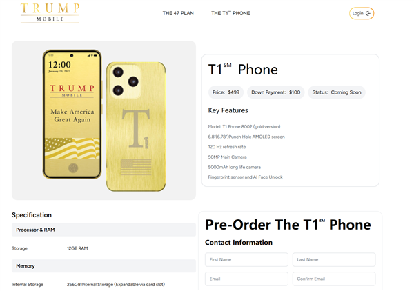 3582元！特朗普手機T1 Phone發布：土豪金色 后攝神似iPhone