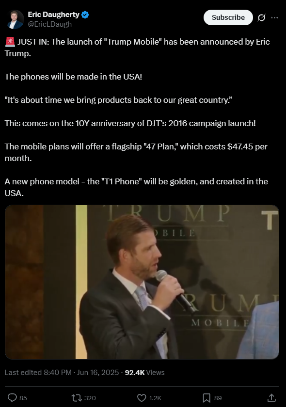 號稱美國造！分析師稱特朗普手機T1 Phone實為中國制造